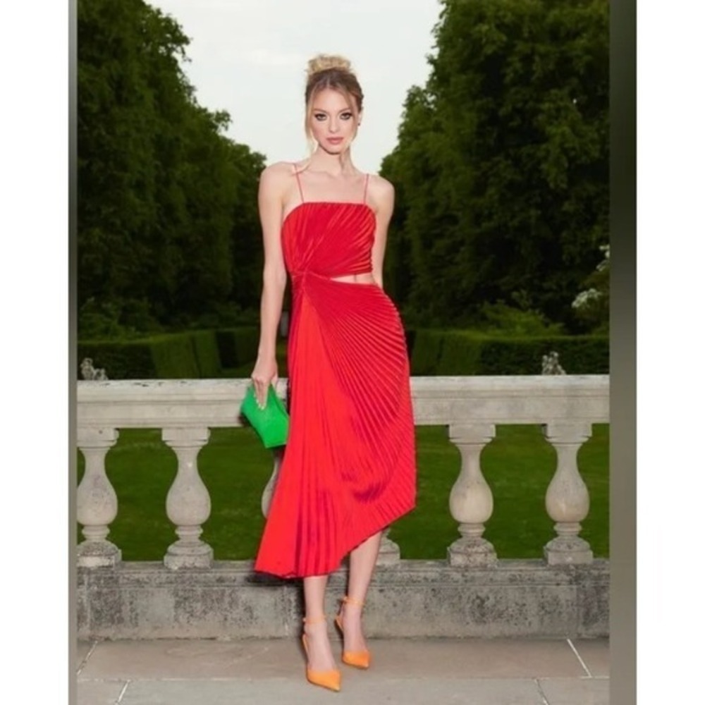 Alice and Olivia Red Pleated Cutout Midi Dress‎ Party Cocktail Occasion Size 10